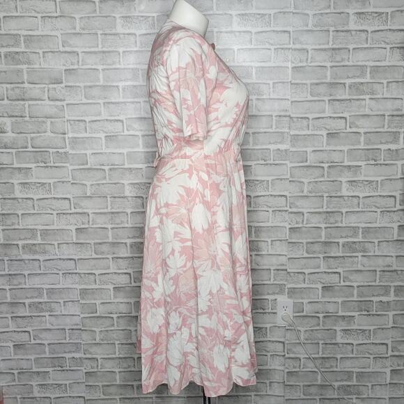 Vintage 80s Pink & White Tropical Floral Midi Dress - Picture 2 of 5
